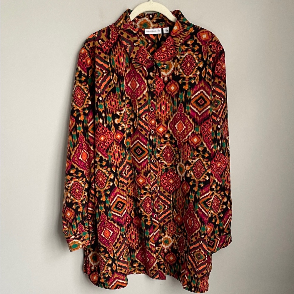 Susan Graver Multicolor Geo Print Long Sleeve Button Up Blouse Size 3X